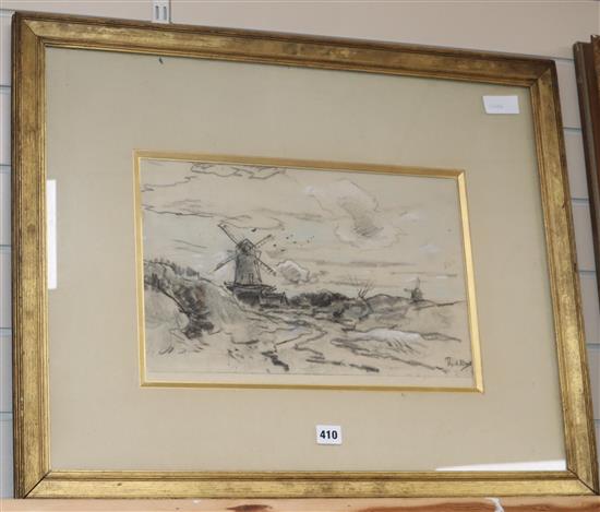 Theosophile de Boch (1851-1964), coloured chalk, Windmills in a landscape, signed, 26 x 42cm